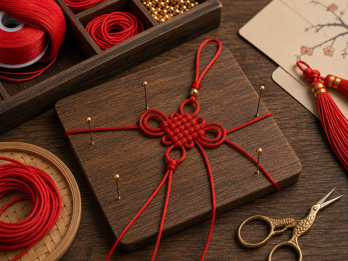 Simple red Chinese good luck knot on a wooden practice board for beginner tutorials