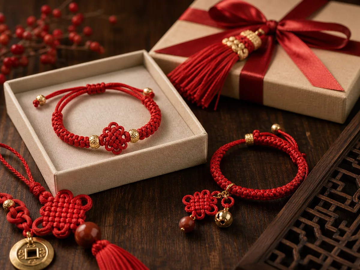 Red Chinese knot bracelets and gift box arranged as premium handmade gifts