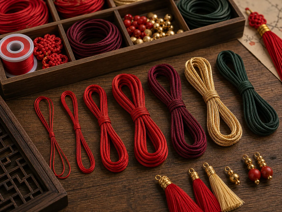 Organized silk cords, beads, and tassels for choosing Chinese knot materials