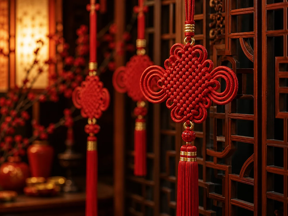 Red Chinese knot hanging ornaments in an elegant warm traditional interior