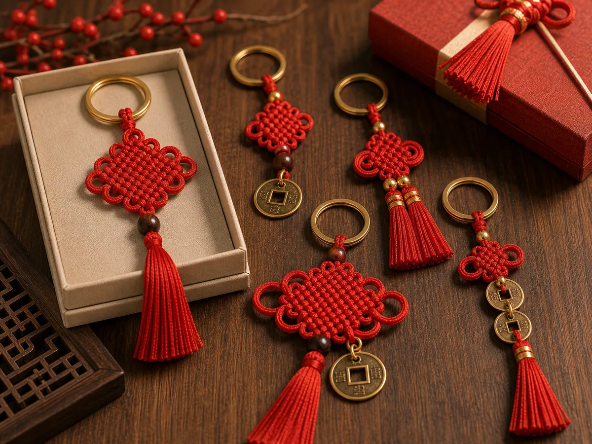 Chinese knot keychain charms with tassels and metal rings on warm wood