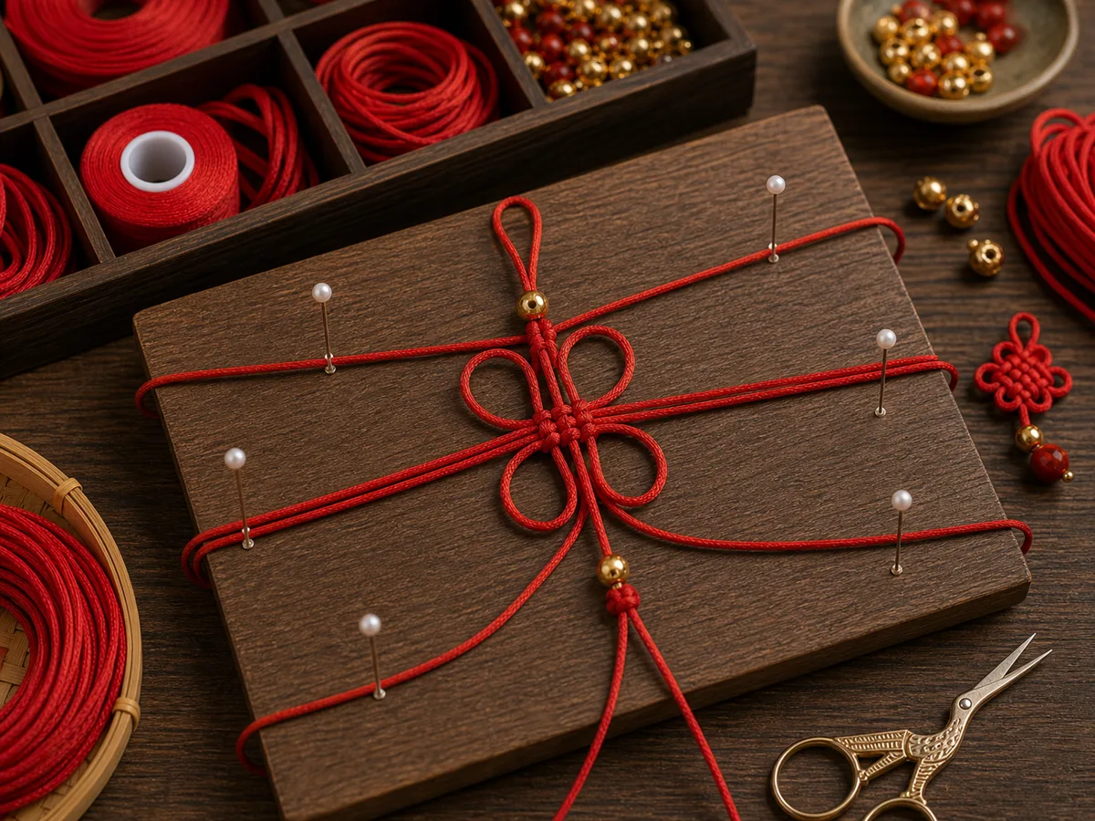 Red cord Chinese knot in an early tying stage with pins on a wooden board